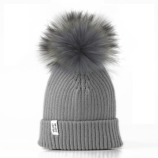 LUX FUR POM BEANIE GRAY WITH GRAY FUR